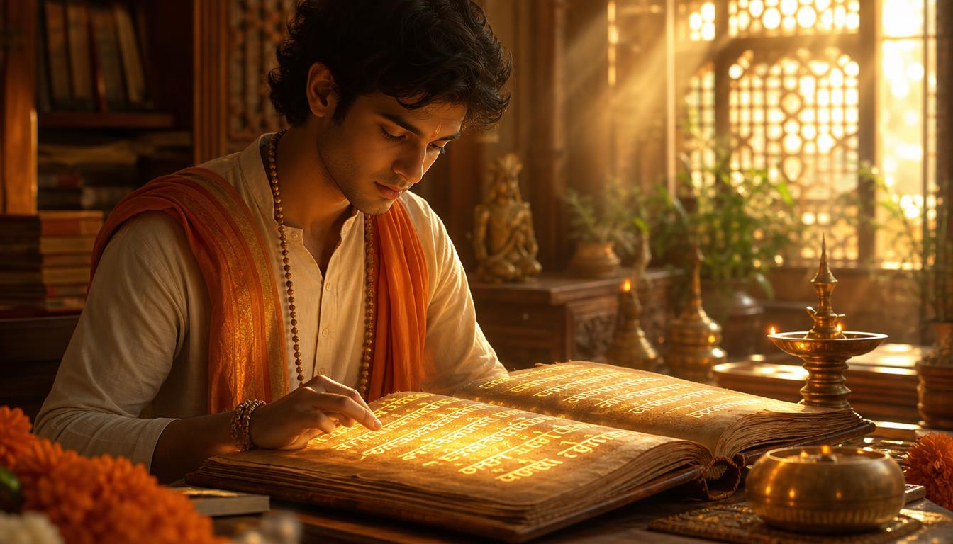 A seeker studying glowing Sanskrit shlokas in a warm traditional study
