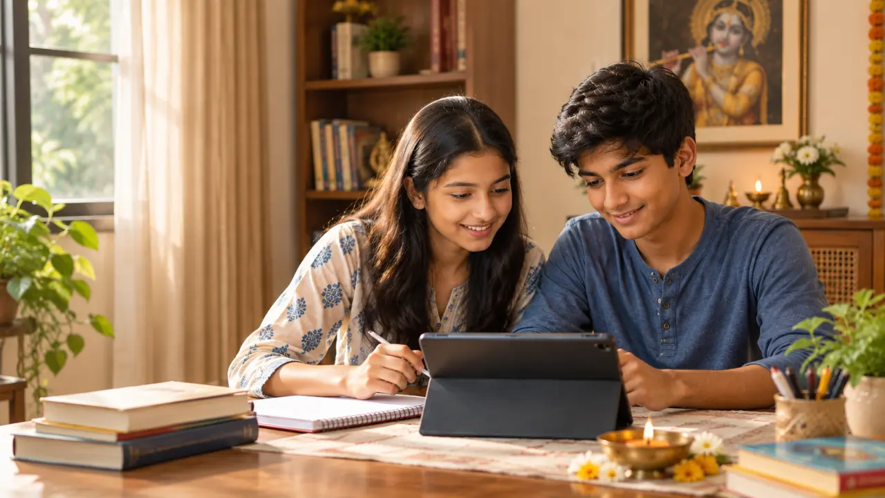 Two Indian children learning a shloka together on a tablet at a sunlit study table at home