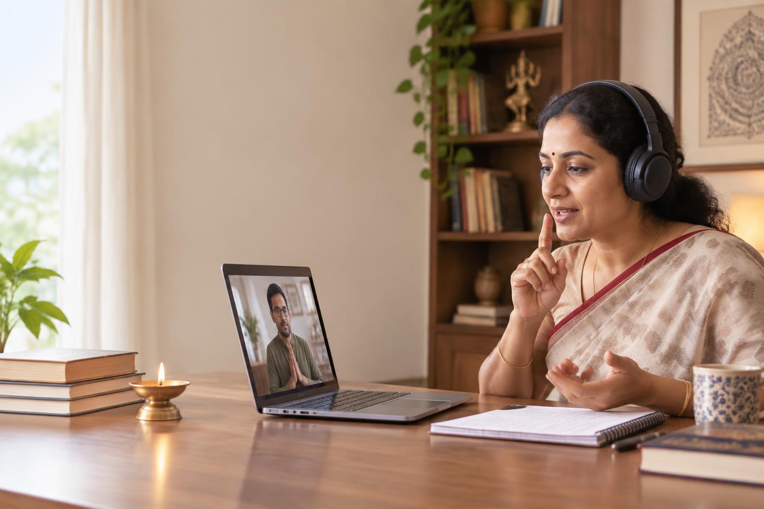 An Indian teacher guiding a learner through a personal online lesson